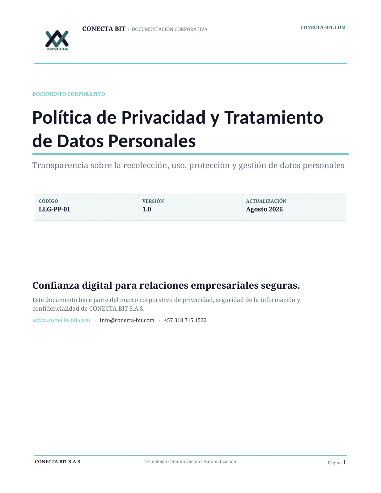 Política de Privacidad y Tratamiento de Datos Personales - página 1