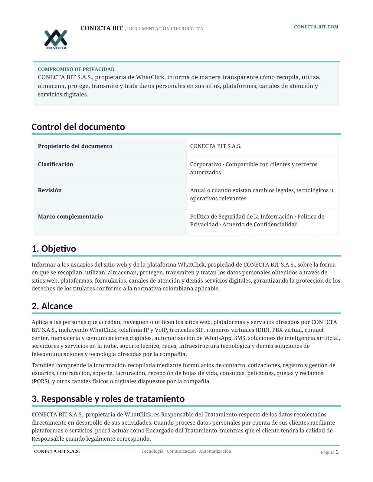 Política de Privacidad y Tratamiento de Datos Personales - página 2