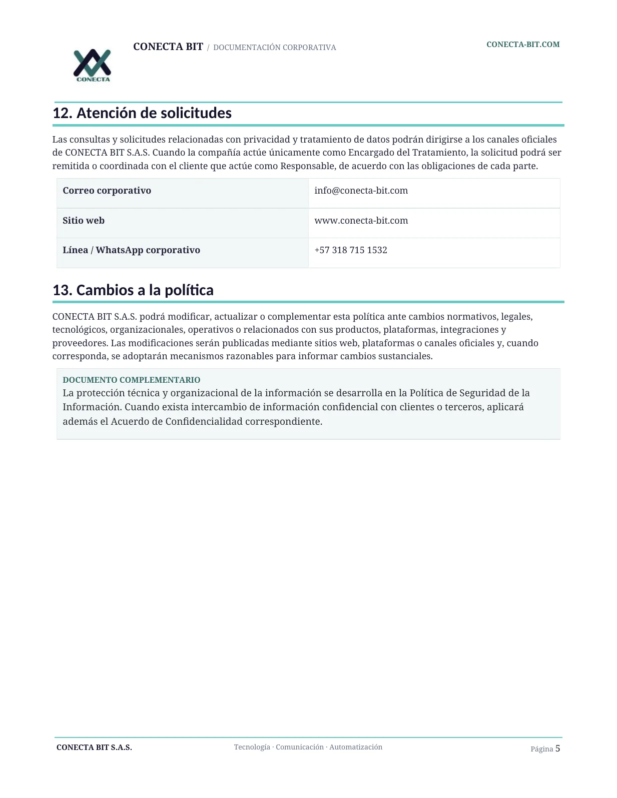 Política de Privacidad y Tratamiento de Datos Personales - página 5