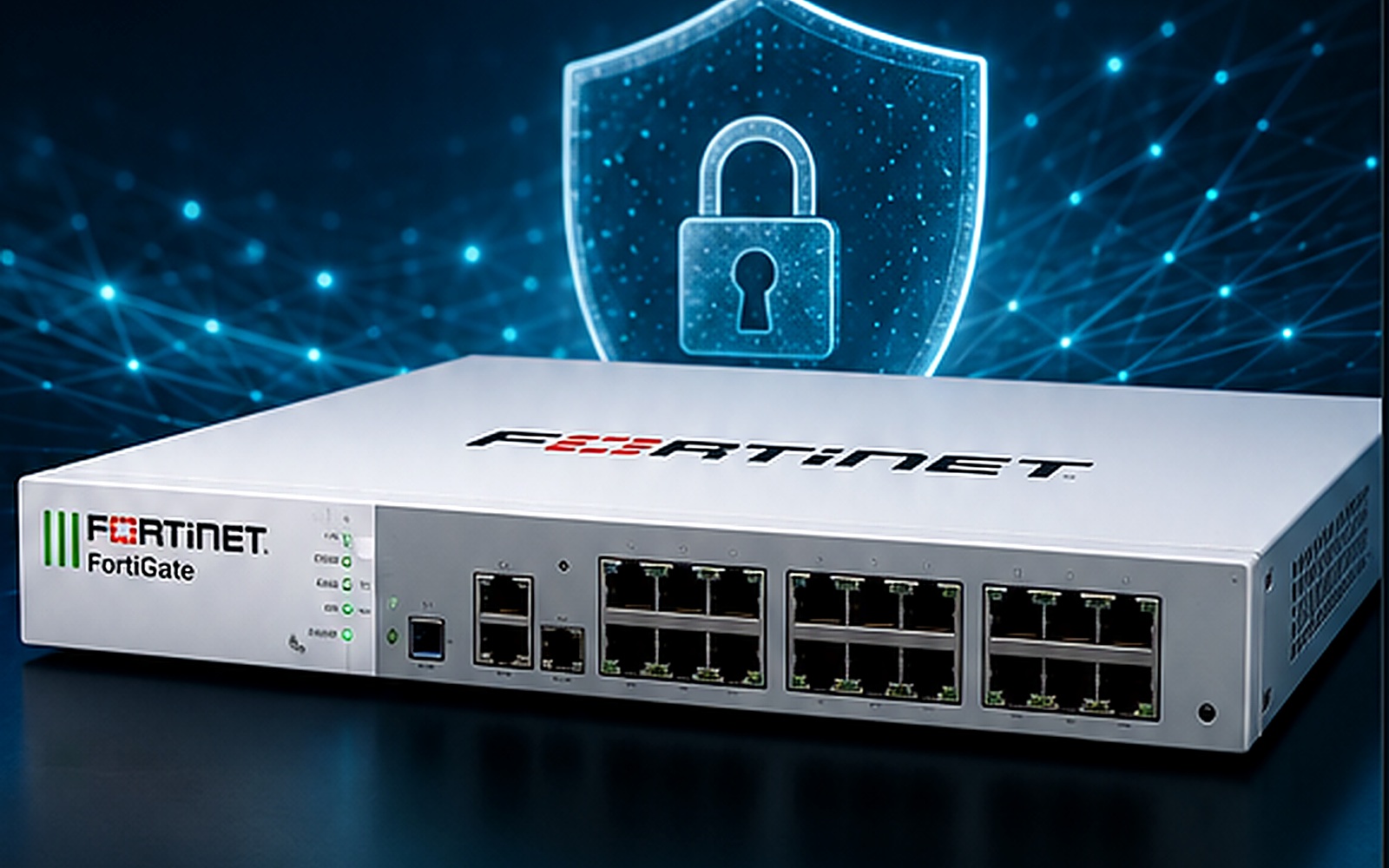 Equipo Fortinet y escudo digital de seguridad