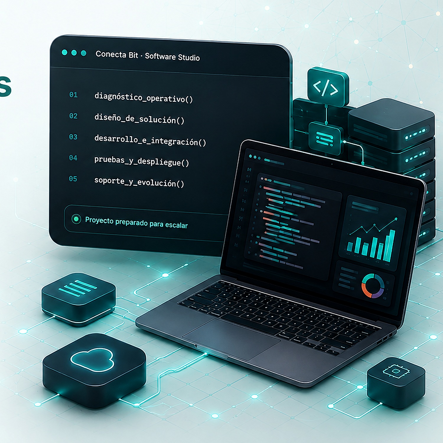 Entorno de desarrollo de software con panel de código, analítica y servicios conectados